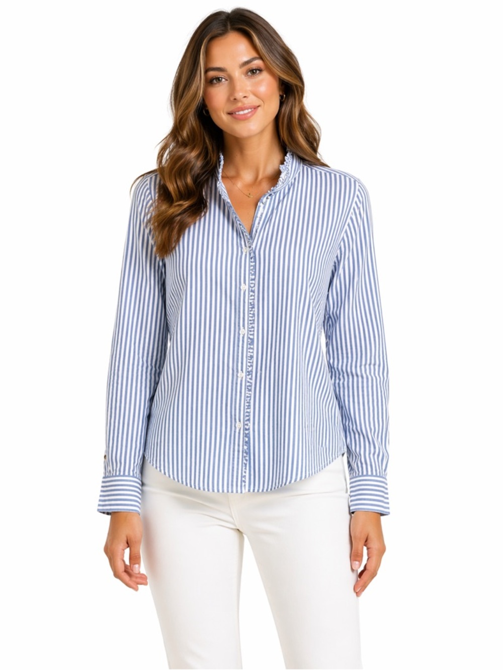 Crown & Ivy Size Medium Blue and White Striped Ruffle Details Long Sleeve‎ Shirt